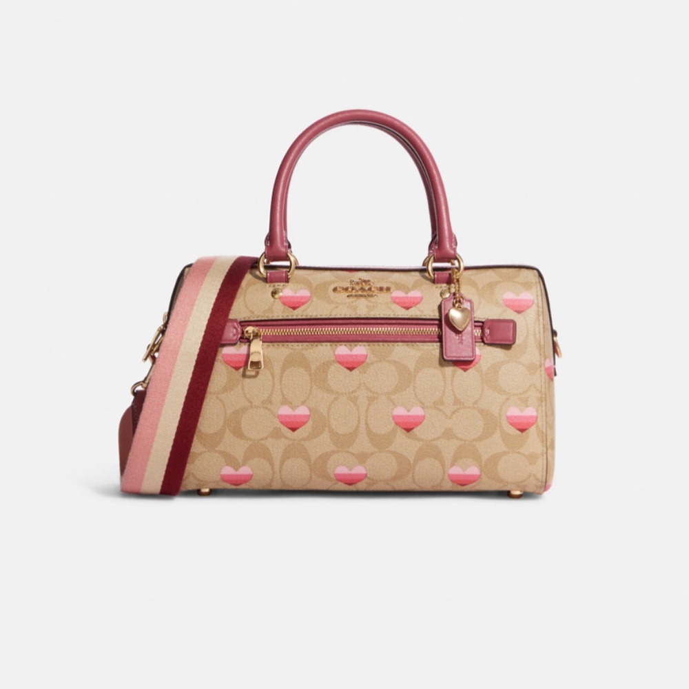 COACH Rowan Satchel In Signature Canvas With Stripe Heart Print GOLD HEART